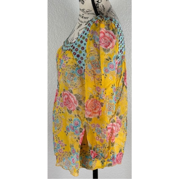 Anthropologie Anna Sui Yellow Floral Print Boho Silk Blouse, size Medium - Picture 3 of 8